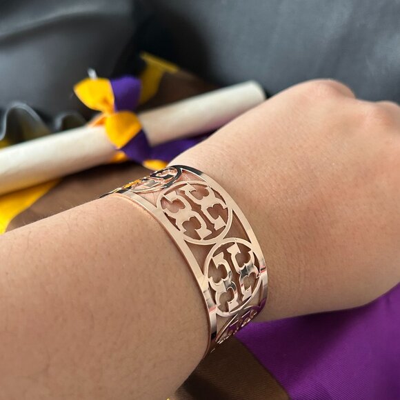 Tory Burch Rose Gold T Logo Wide Open Cuff Bracelet - Picture 2 of 8
